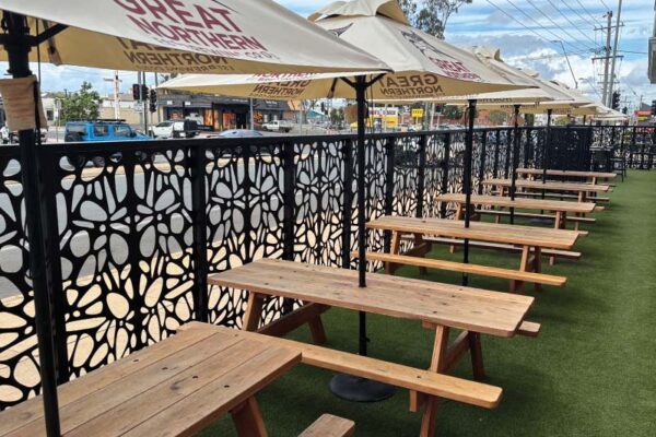 Picnic benches in beer garden