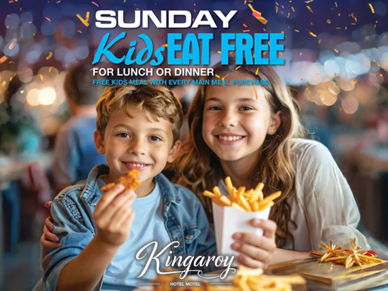 Poster for the Kids Eat Free on Sundays promotion at the Kingaroy Hotel Motel
